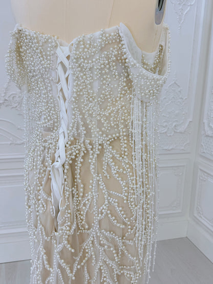 TBC-CM40 Custom-made pearl beading off the shoulder mermaid wedding dress - Ting's Bridal Collection