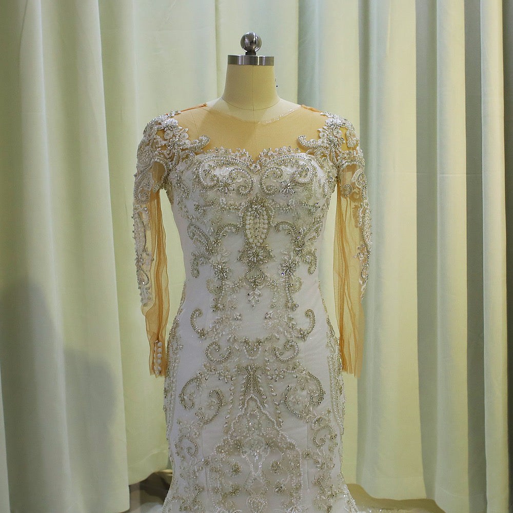 TBC-CM004  Custom-made luxury beading long sleeve 2 in 1 mermaid wedding dress with detachable skirt - Ting's Bridal Collection