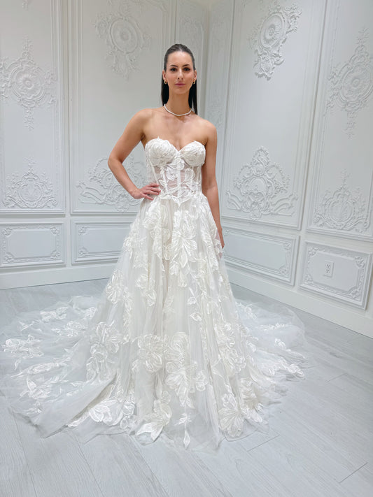 Stock Sale! Custom-made 3D big floral strapless ivory Aline wedding dress - Ting's Bridal Collection
