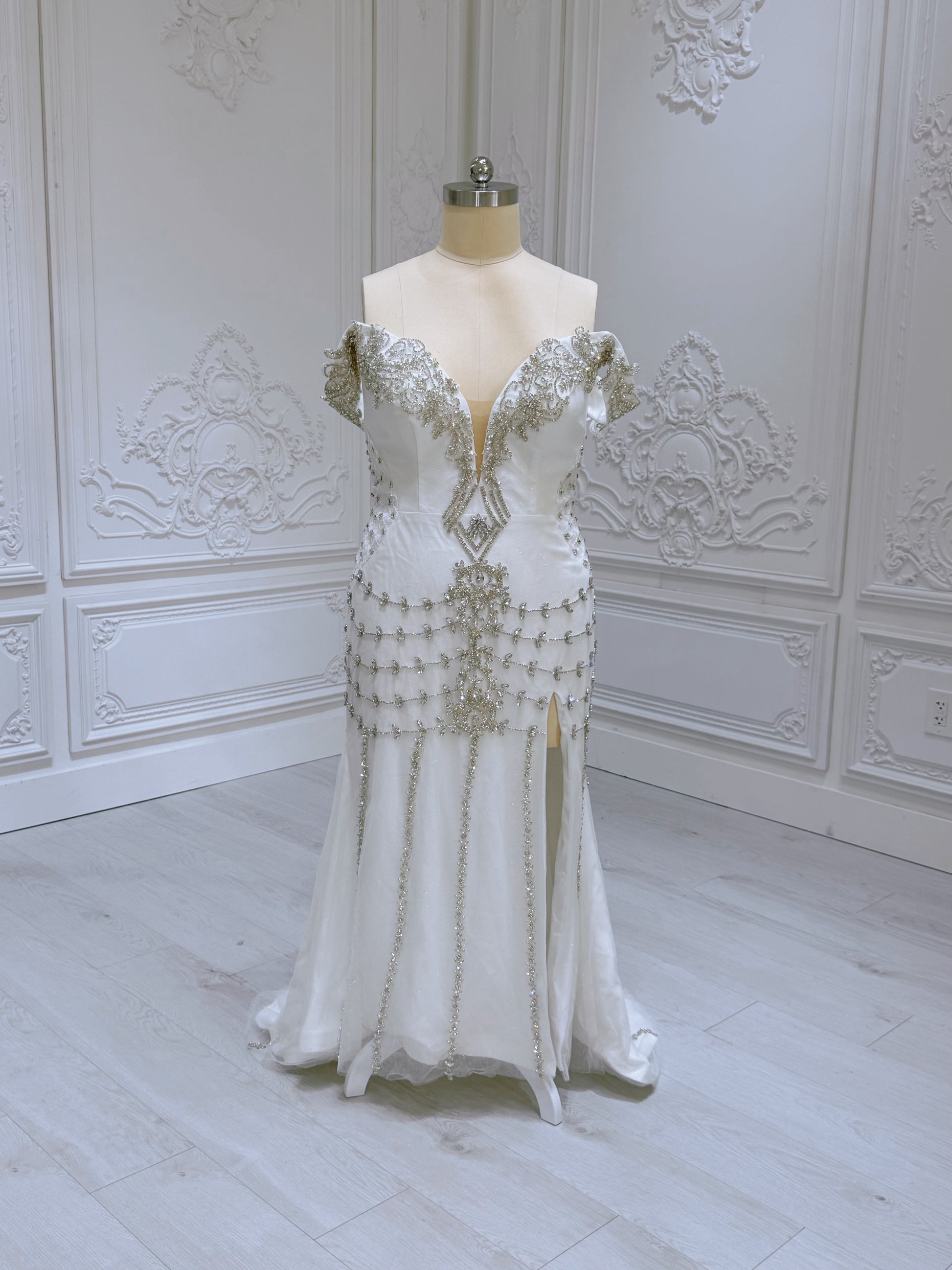 TBC-2IN1-0036 Made to order Luxury crystal beaded 2 in 1 mermaid with detachable ruffled skirt - Ting's Bridal Collection