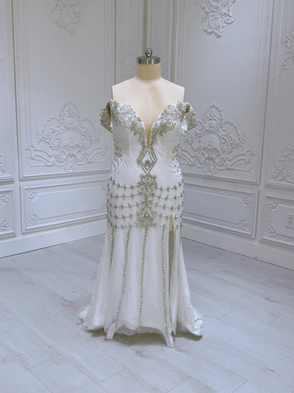 TBC-2IN1-0036 Made to order Luxury crystal beaded 2 in 1 mermaid with detachable ruffled skirt - Ting's Bridal Collection