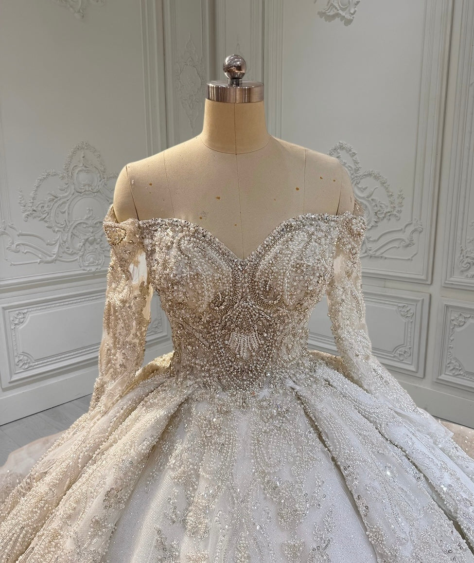 Custom-made luxury beading sparkling off the shoulder with V-neck long sleeve princess ballgown royal wedding dress - Ting's Bridal Collection