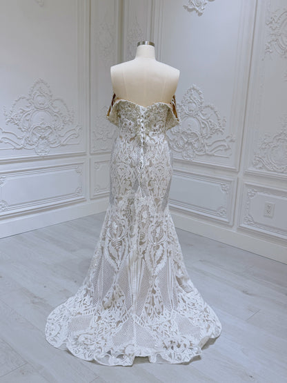 Stock Sale! Ivory crystal beaded fitting trumpet wedding dress with split - Ting's Bridal Collection