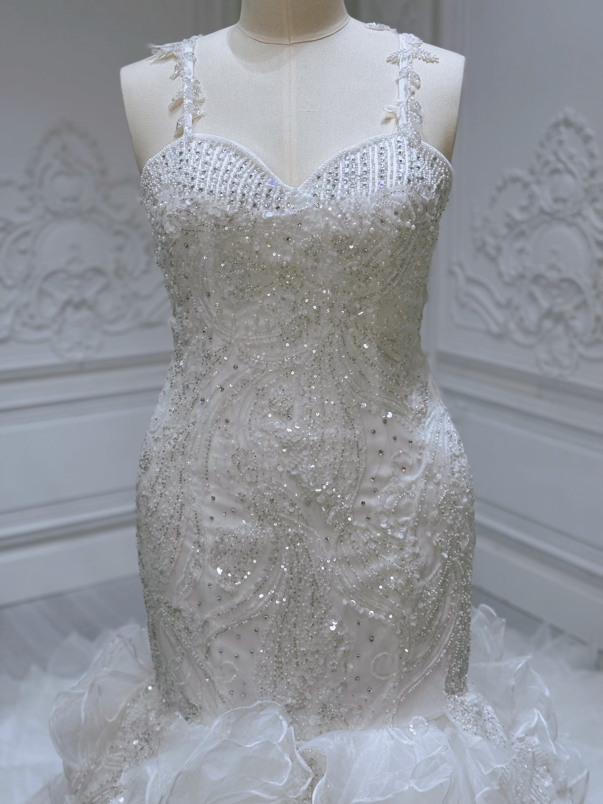 Stock Clearance! Bridal size 14! Custom-made beading lace sweetheart mermaid wedding dress with ruffled skirt - Ting's Bridal Collection