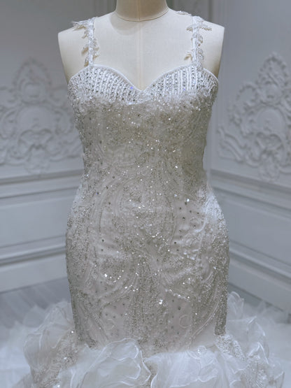 Stock Clearance! Bridal size 14! Custom-made beading lace sweetheart mermaid wedding dress with ruffled skirt - Ting's Bridal Collection