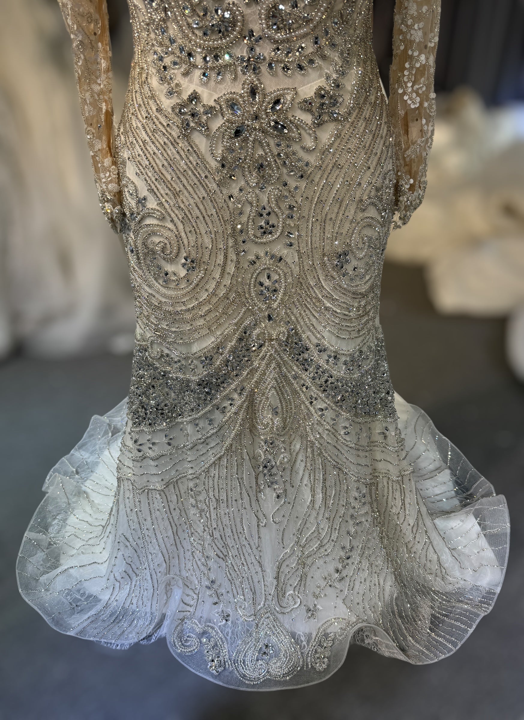 TBC-CM49 Custom-made fully crystal beaded long sleeve mermaid royal wedding dress with detachable ruffles skirt - Ting's Bridal Collection