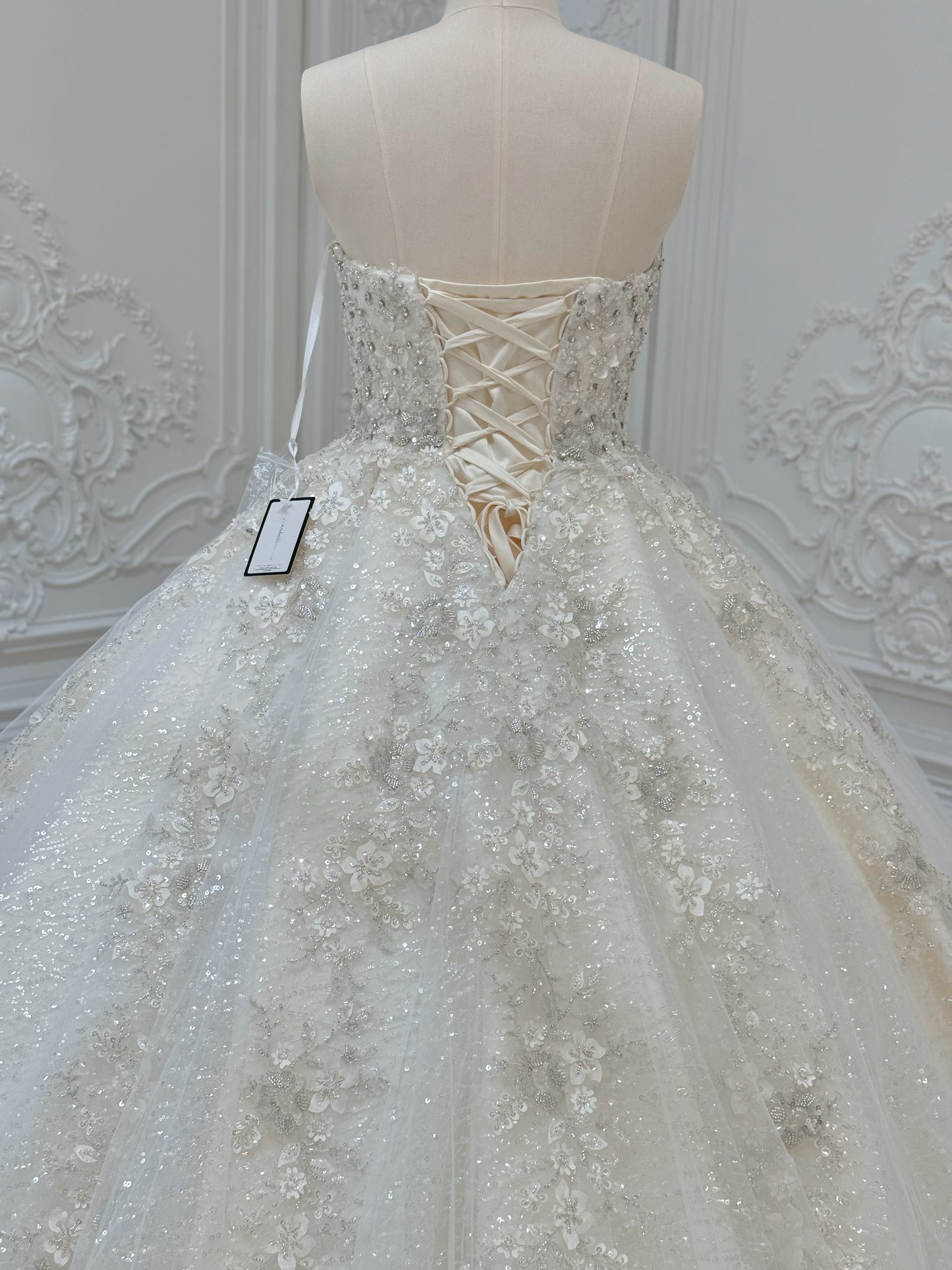 Stock Clearance! Bridal size 12! Champagne strapless/off the shoulder puffy long sleeve beaded 3D floral full ballgown fairy wedding dress - Ting's Bridal Collection