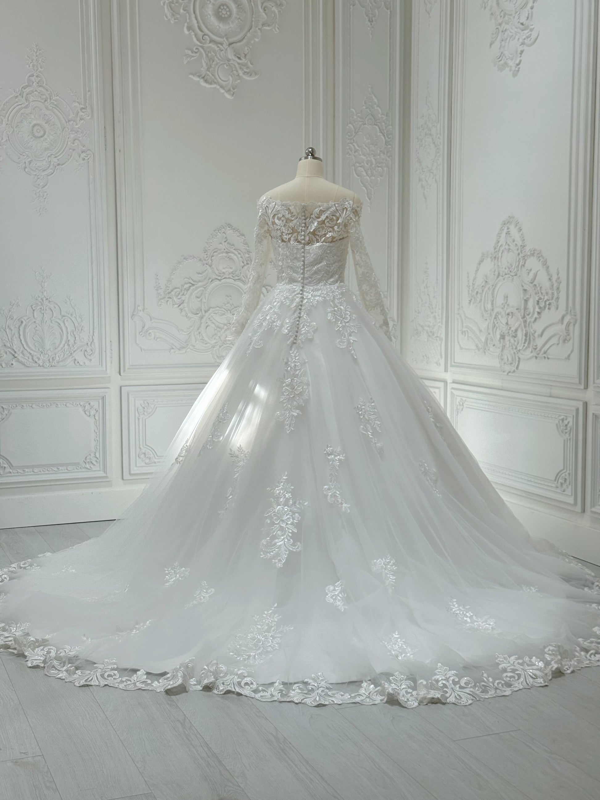 Stock Clearance! Bridal size 4! Custom-made off the shoulder with long sleeve classic lace Aline wedding dress - Ting's Bridal Collection