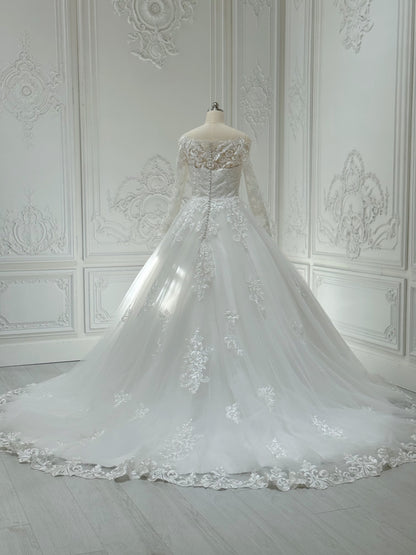 Stock Clearance! Bridal size 4! Custom-made off the shoulder with long sleeve classic lace Aline wedding dress - Ting's Bridal Collection
