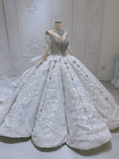Stock Clearance! Bridal Size 12! Luxury crystal beaded with lace embroidered sparkling long sleeve high neck royal wedding dress - Ting's Bridal Collection