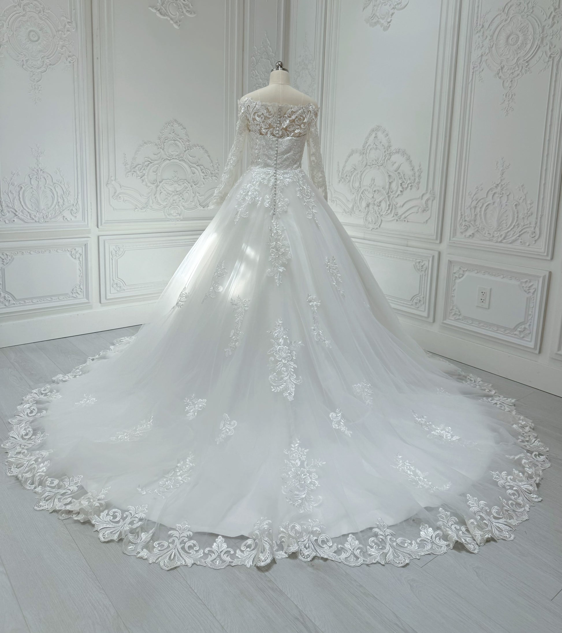 Stock Clearance! Bridal size 4! Custom-made off the shoulder with long sleeve classic lace Aline wedding dress - Ting's Bridal Collection
