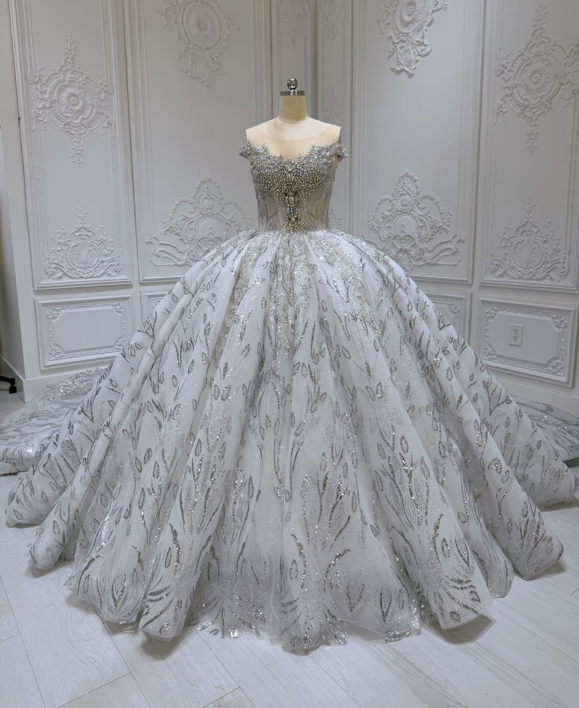 Stock Clearance! Bridal Size 10! Grey crystal beaded cap sleeve sparkling white&silver princess ballgown royal wedding dress - Ting's Bridal Collection