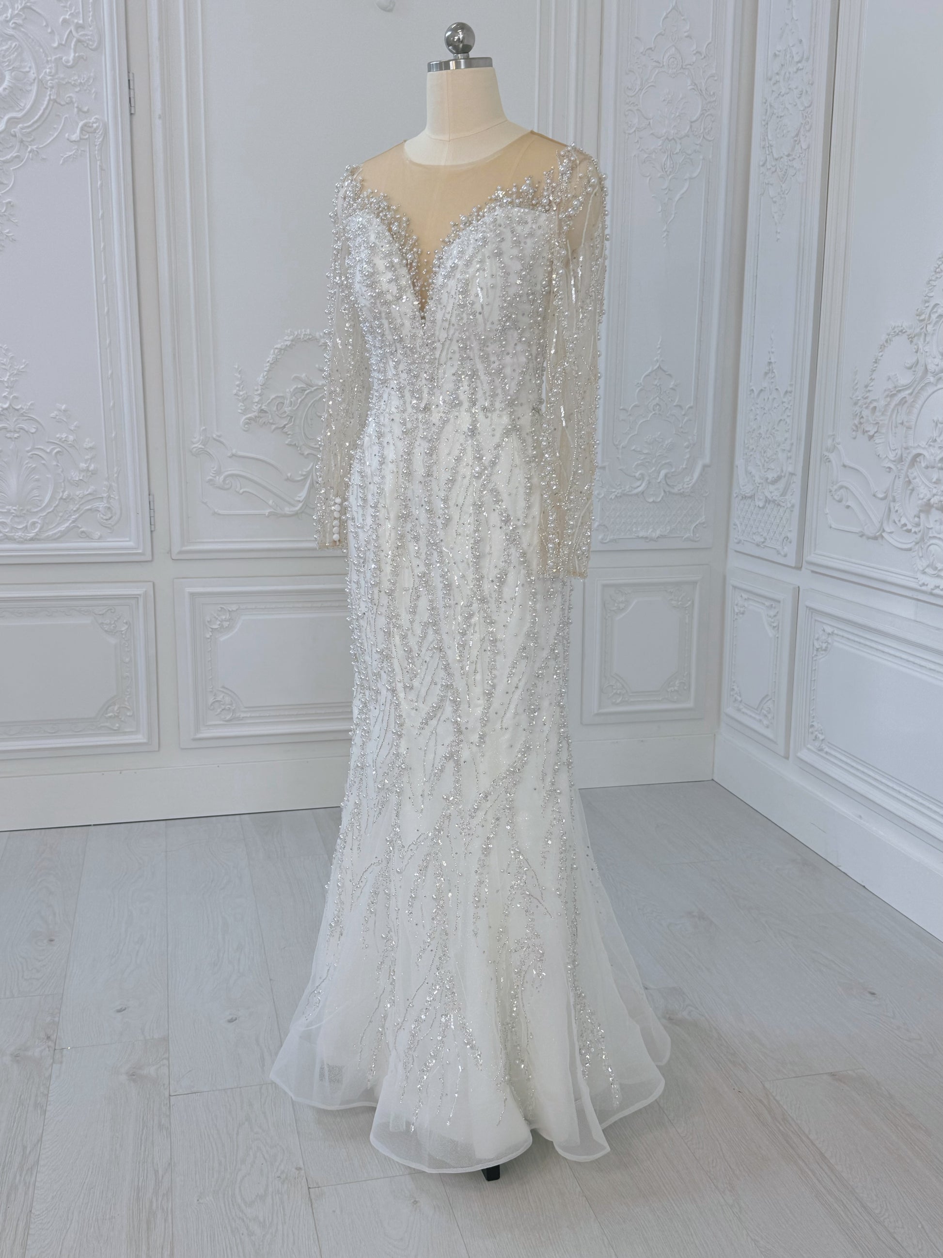 TMC-CM47 Custom-made luxury pearl with beading lace long sleeve 2 in 1 Ballgown&mermaid royal wedding dress - Ting's Bridal Collection