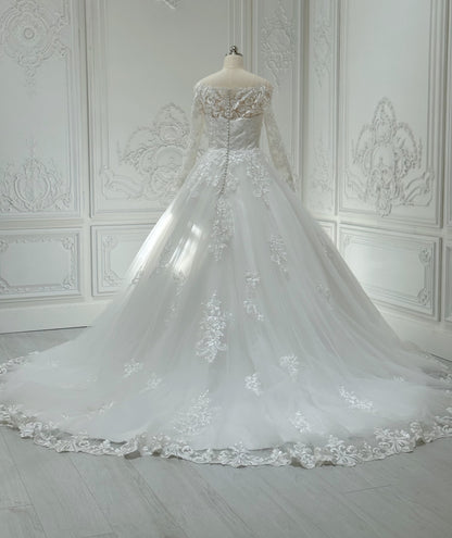 Stock Clearance! Bridal size 4! Custom-made off the shoulder with long sleeve classic lace Aline wedding dress - Ting's Bridal Collection