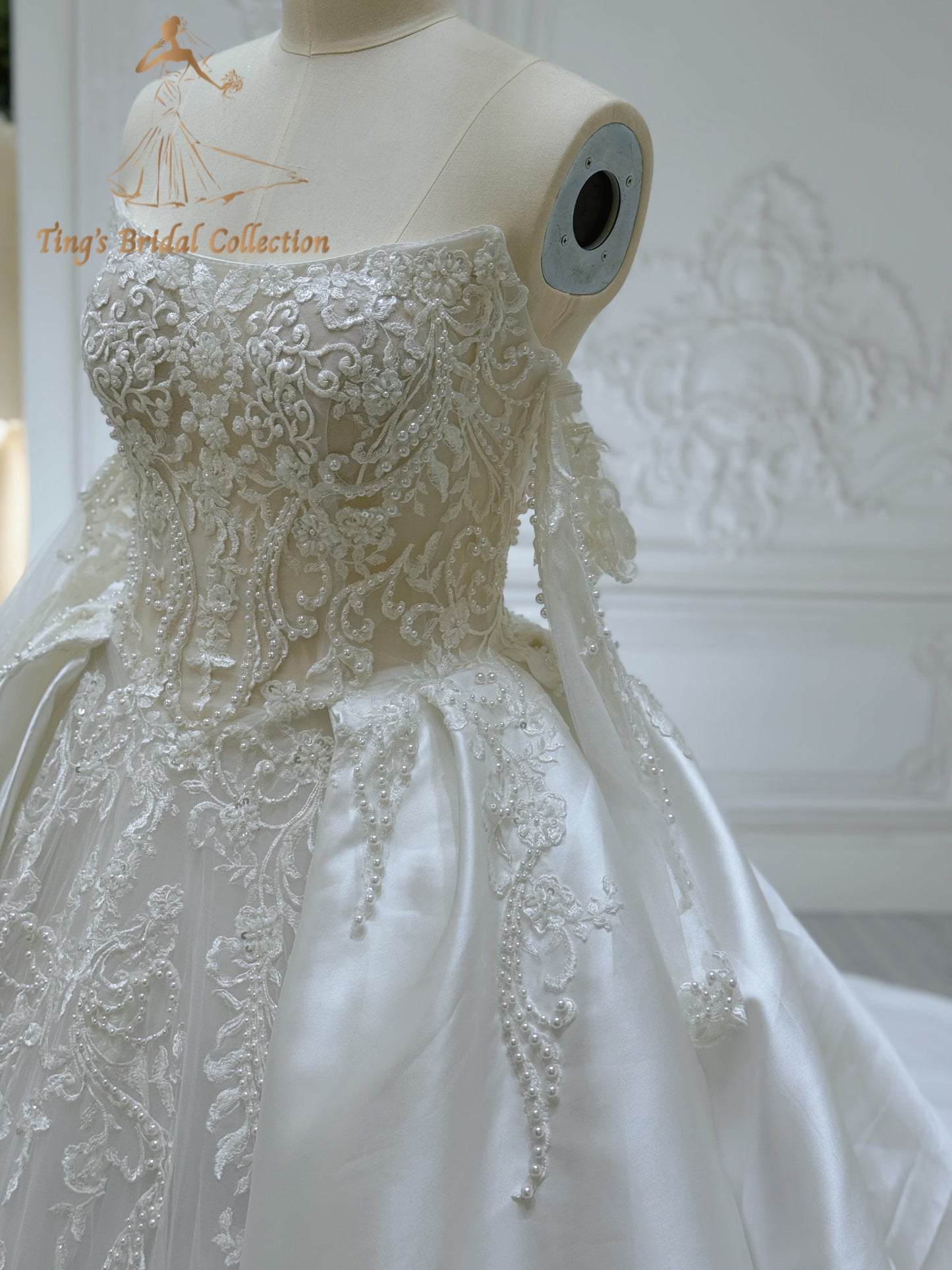 Stock of pearl beaded lace satin ballgown wedding dress - Ting's Bridal Collection