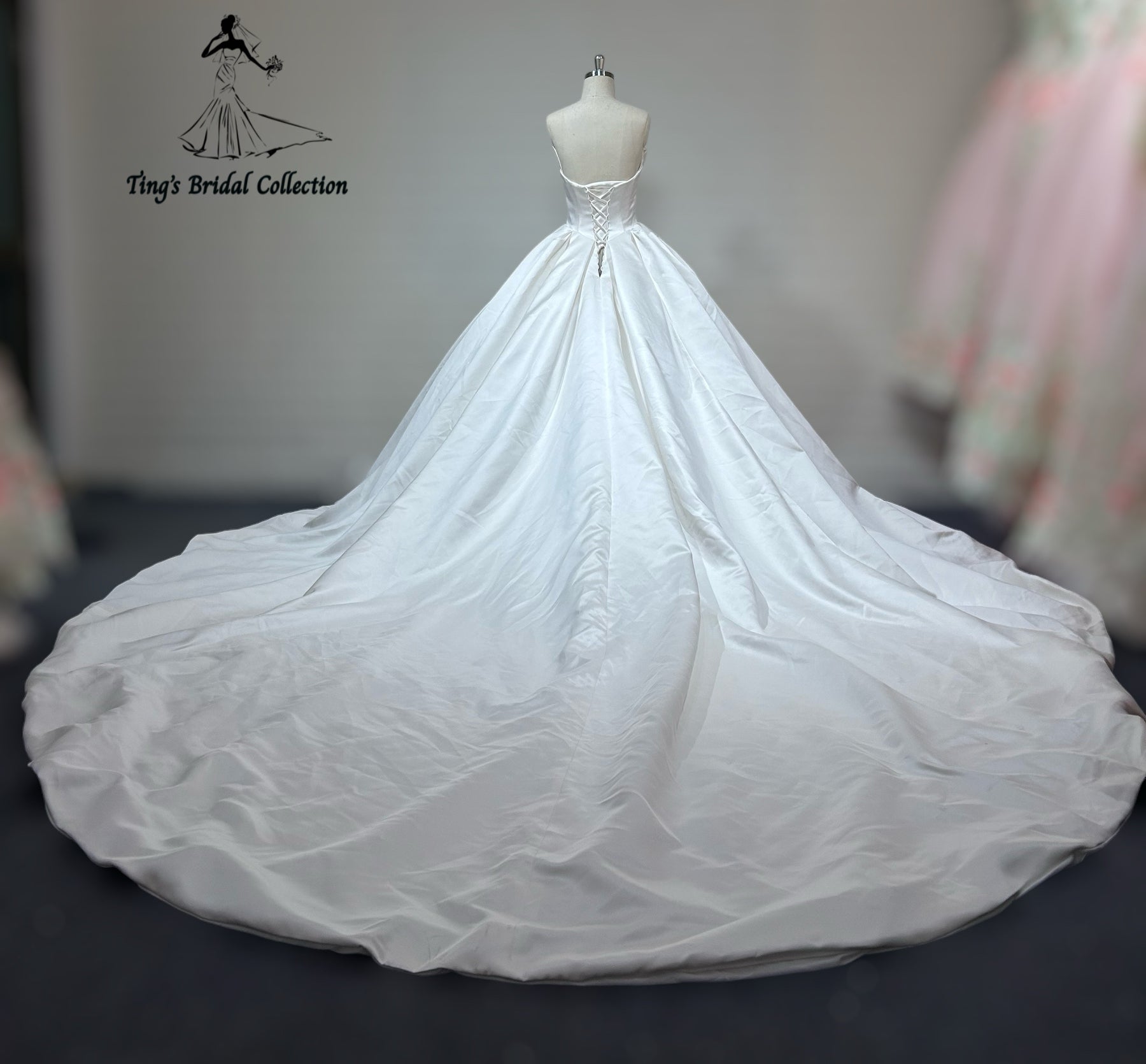 TBC-B027 Made to order satin ballgown wedding dress with ruffled neckline - Ting's Bridal Collection