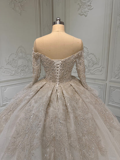 Custom-made luxury beading sparkling off the shoulder with V-neck long sleeve princess ballgown royal wedding dress - Ting's Bridal Collection