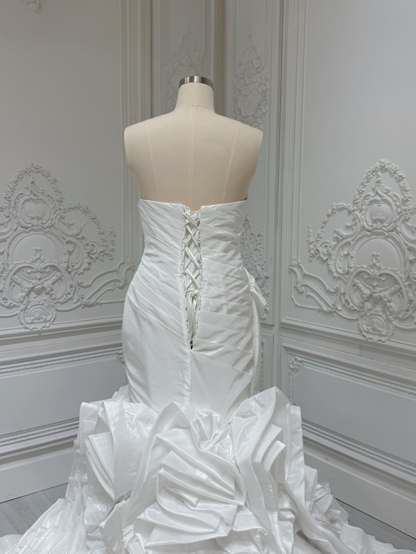 Stock clearance Bridal size 14! White satin pleated mermaid wedding dress with ruffled skirt - Ting's Bridal Collection