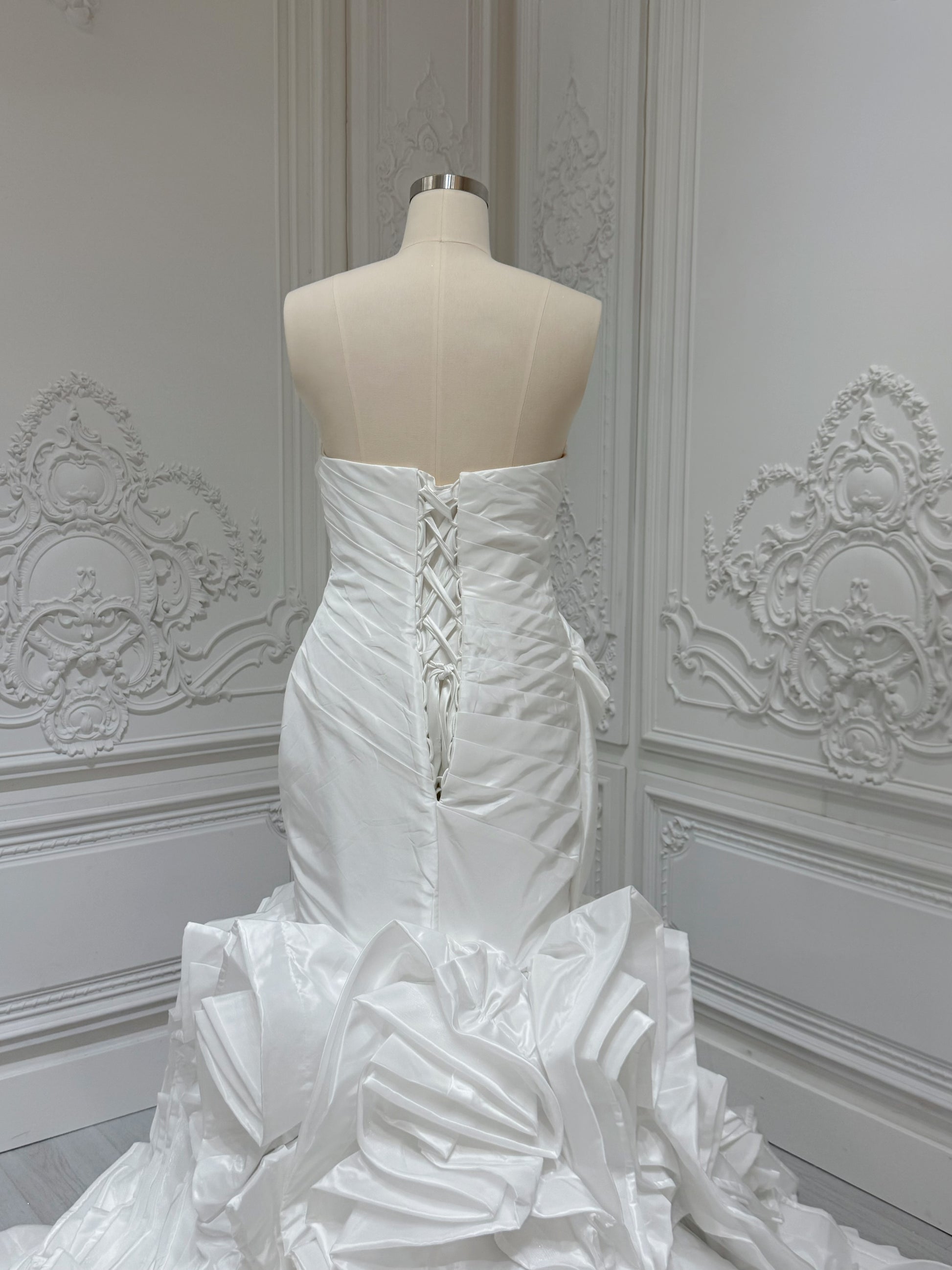 Stock clearance Bridal size 14! White satin pleated mermaid wedding dress with ruffled skirt - Ting's Bridal Collection