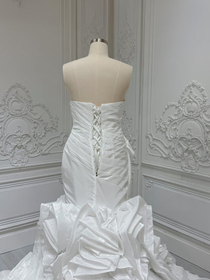 Stock clearance Bridal size 14! White satin pleated mermaid wedding dress with ruffled skirt - Ting's Bridal Collection