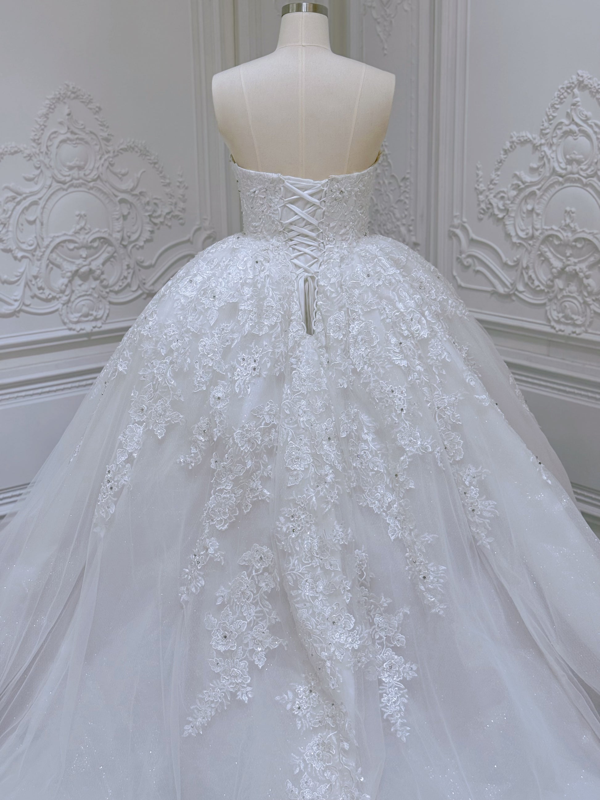 Stock Clearance! Bridal size 12! White floral lace embroidered high neck long sleeve princess ballgown royal wedding dress - Ting's Bridal Collection