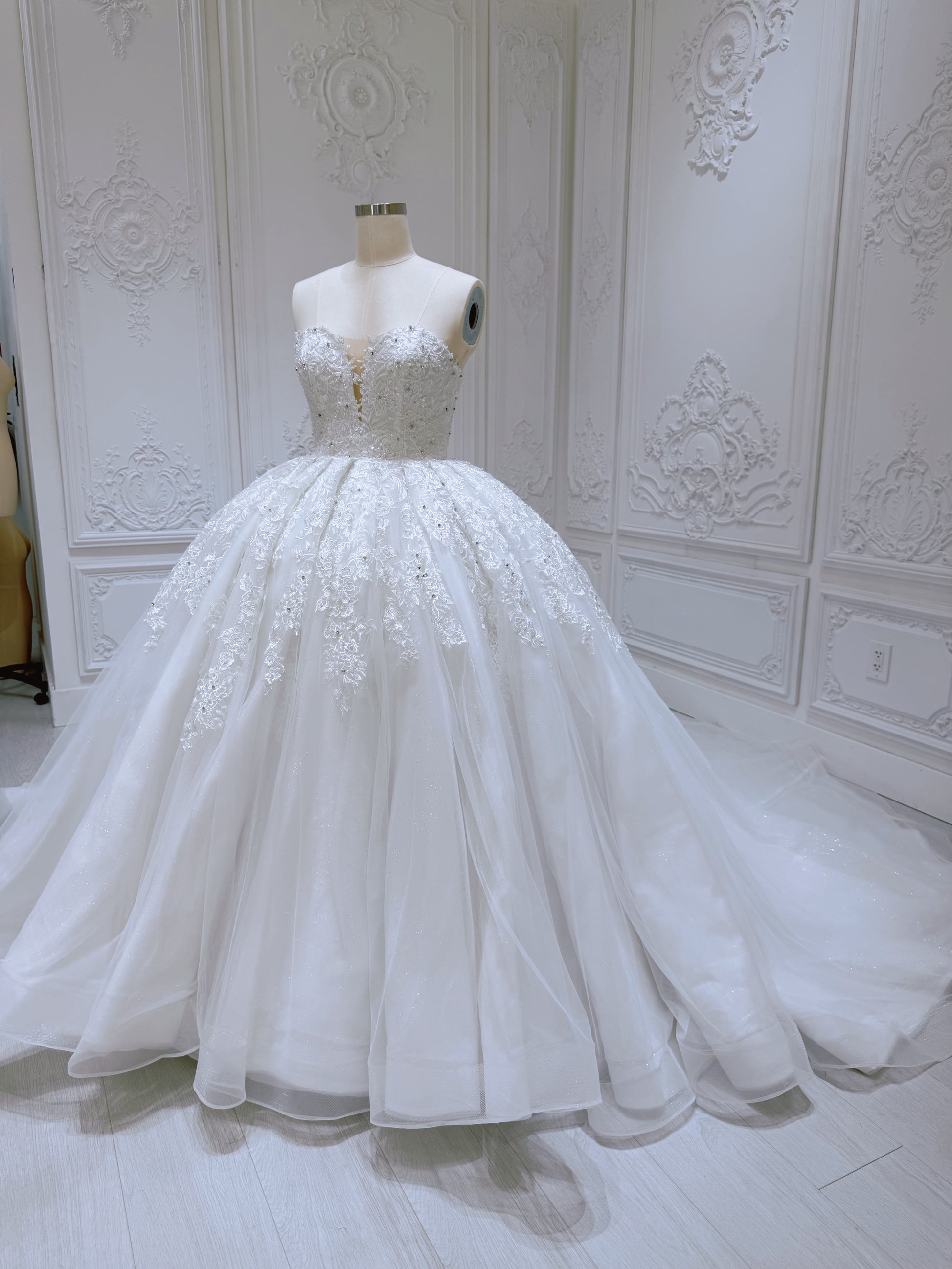 Stock Clearance! Bridal size 12! White floral lace embroidered high neck long sleeve princess ballgown royal wedding dress - Ting's Bridal Collection
