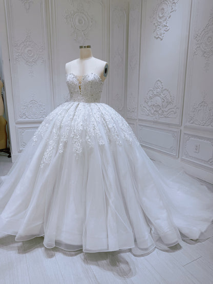 Stock Clearance! Bridal size 12! White floral lace embroidered high neck long sleeve princess ballgown royal wedding dress - Ting's Bridal Collection
