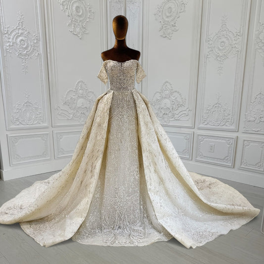 TBC-CM010  Custom-made luxury crystal beading off the shoulder 2 in 1 look trumpet and Aline wedding dress with detachable skirt - Ting's Bridal Collection