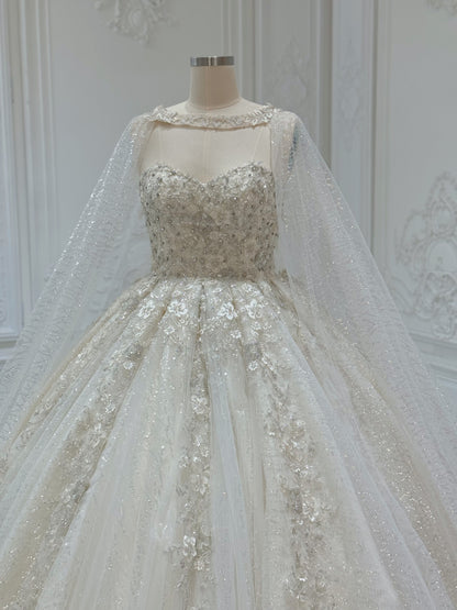 Stock Clearance! Bridal Size 12! Champagne color sparkling 3D floral lace princess ballgown fairy wedding dress with detachable cape - Ting's Bridal Collection