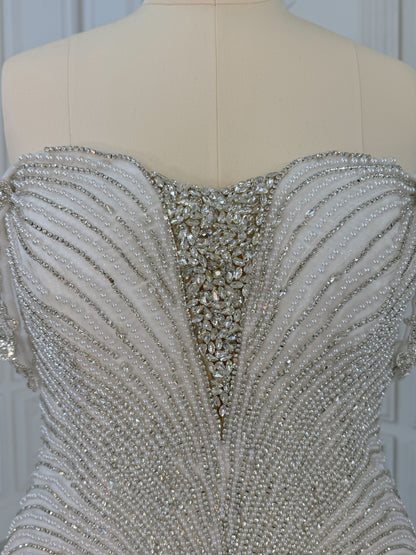 TBC-2IN1-003 Luxury crystal pearl beaded off the shoulder mermaid wedding dress with detachable ruffled skirt - Ting's Bridal Collection