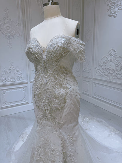 Stock clearance! Bridal size 16. Off white feather with beading lace bling mermaid wedding dress - Ting's Bridal Collection