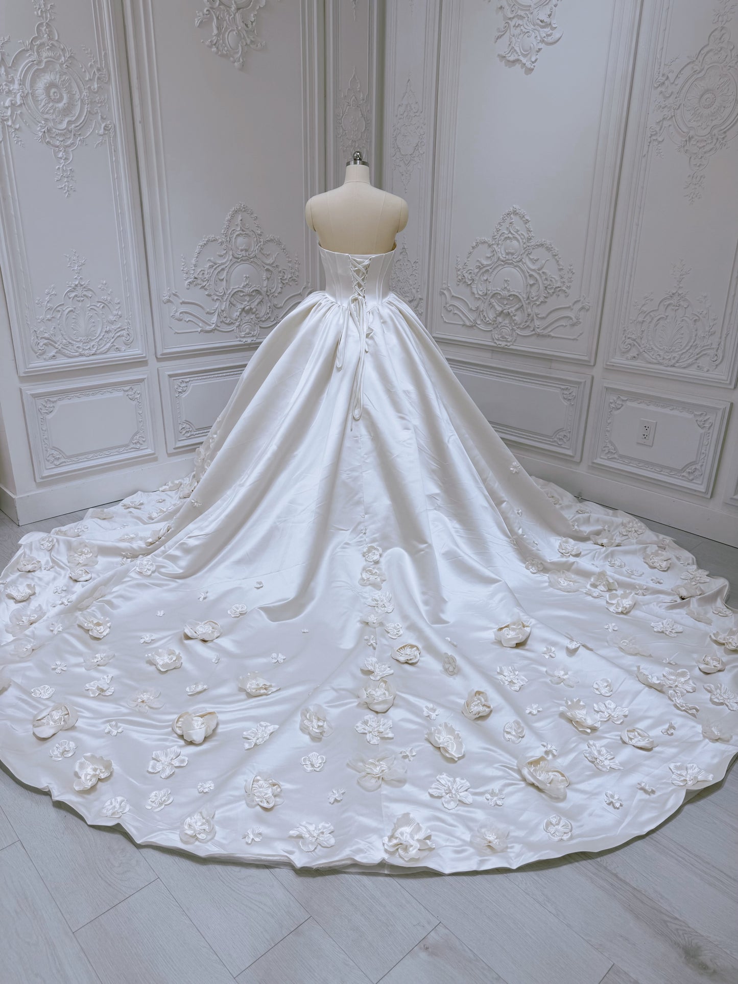 Custom-made sand color 3D floral satin princess ballgown fairy wedding dress - Ting's Bridal Collection