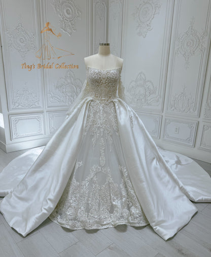 Stock of pearl beaded lace satin ballgown wedding dress - Ting's Bridal Collection