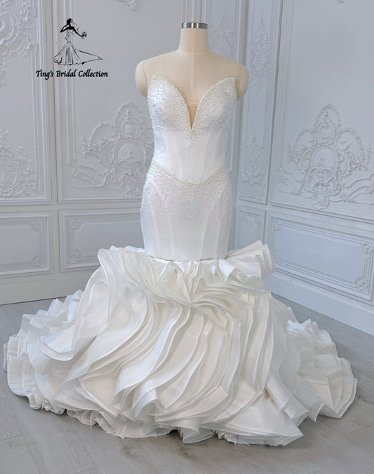 Stock clearance! Bridal size 14! White satin pearl beaded mermaid wedding dress with detachable ruffled skirt - Ting's Bridal Collection