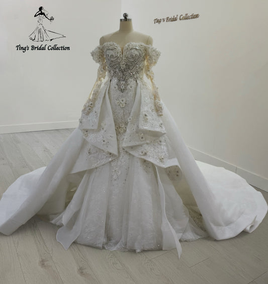 TBC-CM28 Made to order crystal beading with3D floral 2 in 1 style mermaid wedding dress with detachable ruffled skirt - Ting's Bridal Collection