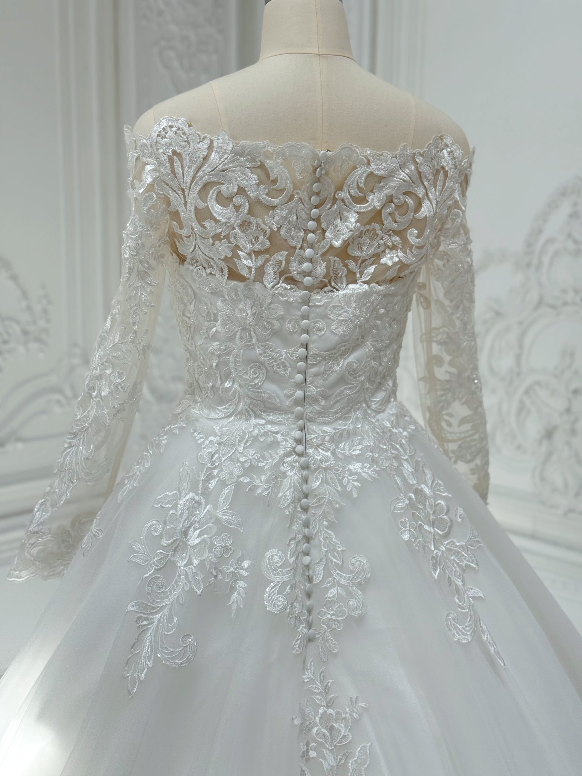 Stock Clearance! Bridal size 4! Custom-made off the shoulder with long sleeve classic lace Aline wedding dress - Ting's Bridal Collection