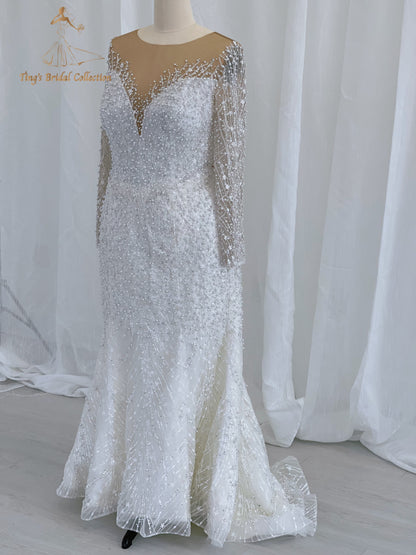 TBC-CM50 Custom-made Pearl with lace ivory long sleeve 2in1 mermaid with detachable skirt - Ting's Bridal Collection