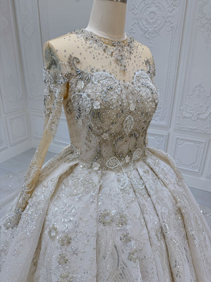 Stock Clearance! Luxury beading long sleeve with high neck ivory cream color ballgown royal wedding dress - Ting's Bridal Collection