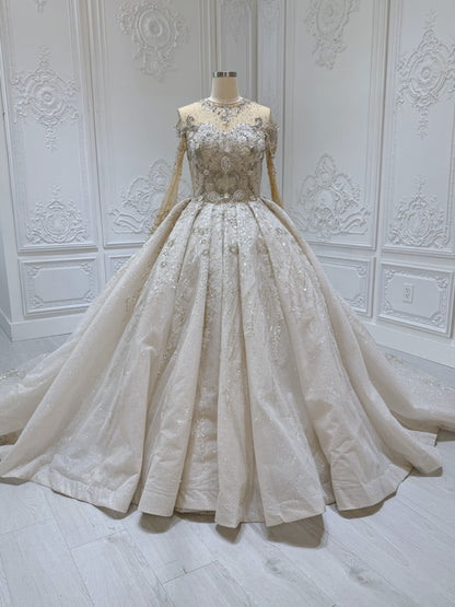 Stock Clearance! Luxury beading long sleeve with high neck ivory cream color ballgown royal wedding dress - Ting's Bridal Collection