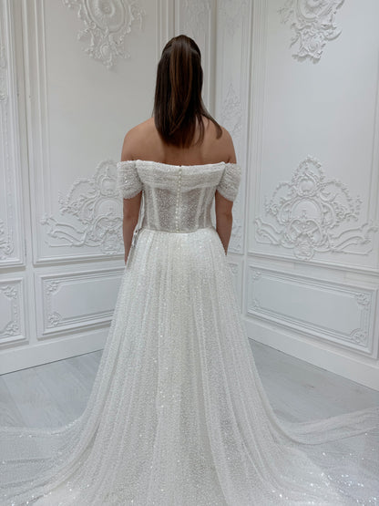 Stock Clearance! White beading straight neckline off the shoulder pleated sparkling mermaid wedding dress with detachable skirt - Ting's Bridal Collection