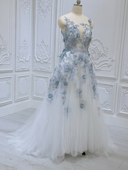 TBC-CM35 Custom-made blue 3D floral appliqué embroidered sparkling Aline wedding dress - Ting's Bridal Collection
