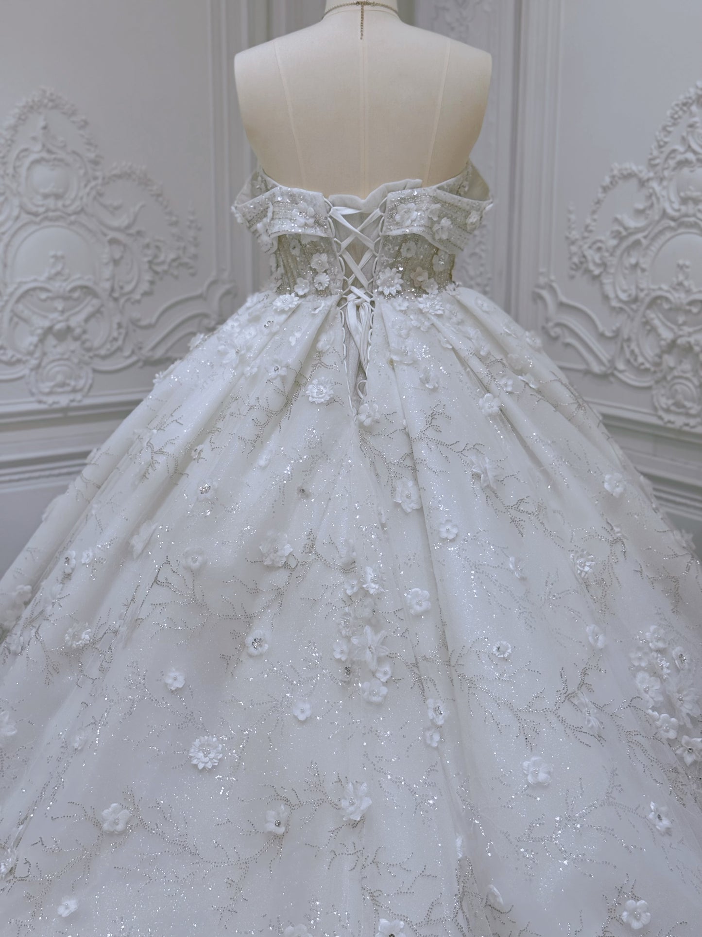 Stock Clearance! Bridal size 12! Custom-made beading with 3D floral off the shoulder princess ballgown fairy wedding dress - Ting's Bridal Collection