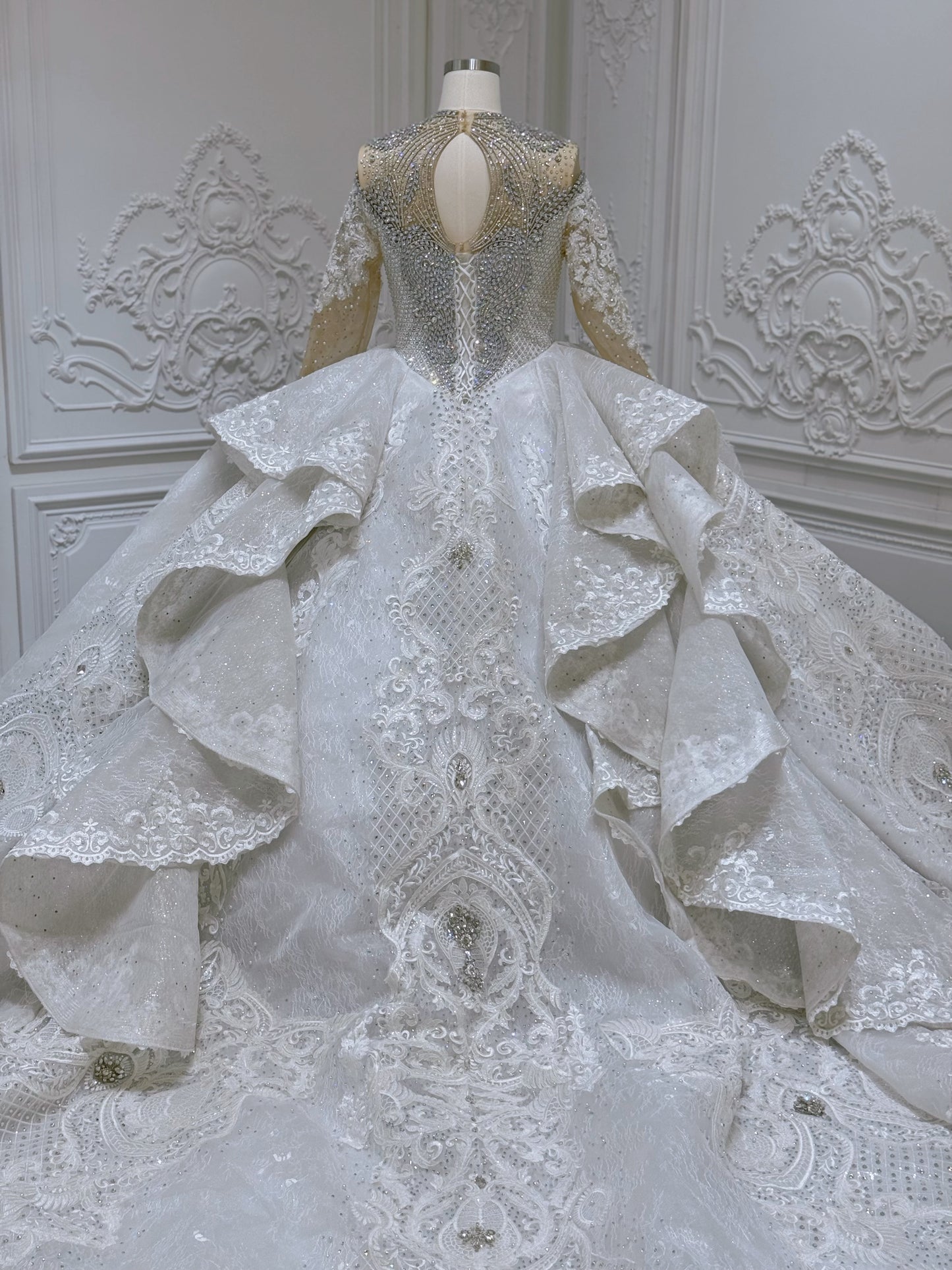 Stock Clearance! Bridal Size 12! Luxury crystal beaded with lace embroidered sparkling long sleeve high neck royal wedding dress - Ting's Bridal Collection