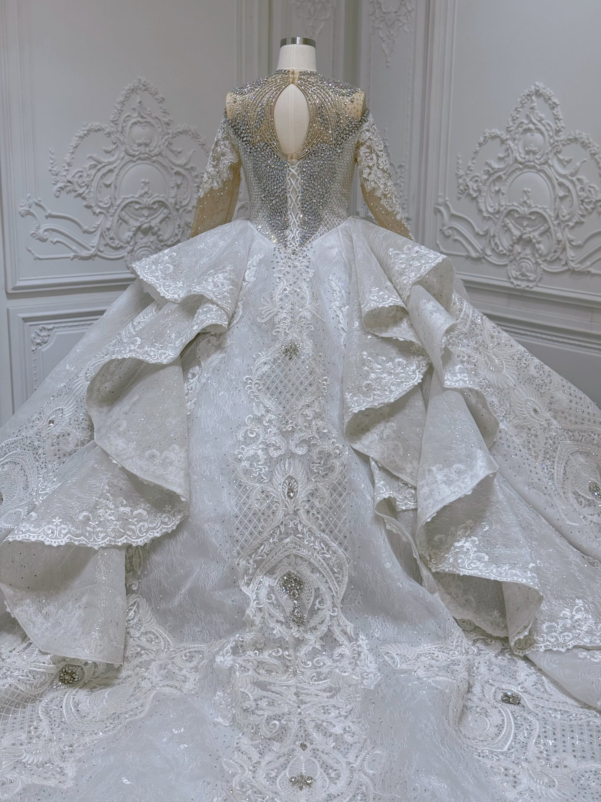 Stock Clearance! Bridal Size 12! Luxury crystal beaded with lace embroidered sparkling long sleeve high neck royal wedding dress - Ting's Bridal Collection