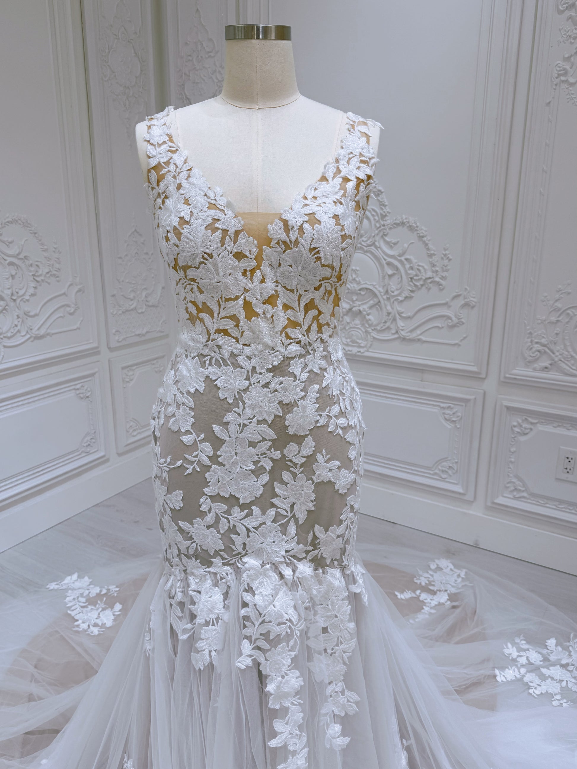 TBC-A017 Made to order lace mermaid champagne wedding dress - Ting's Bridal Collection