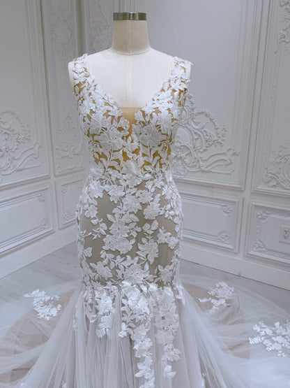 TBC-A017 Made to order lace mermaid champagne wedding dress - Ting's Bridal Collection
