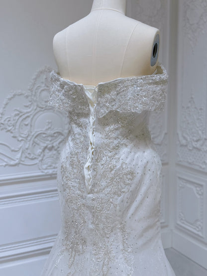 Stock clearance! Bridal size 16! Off white 2 in 1 look feather mermaid wedding dress with detachable skirt. - Ting's Bridal Collection