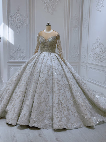 TBC-CM52 Custom-made luxury crystal with beading lace long sleeve sparkling princess ballgown royal wedding dress - Ting's Bridal Collection