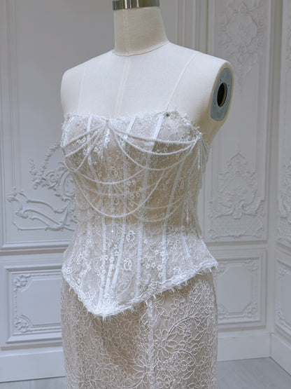 TBC-BM036 Stock of pearl beading lace vintage mermaid wedding dress