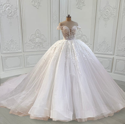 TBC-CM16 Custom-made lace embroidered off the shoulder with Deep V ballgown wedding dress - Ting's Bridal Collection
